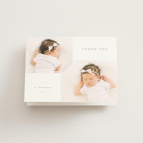 This is a stone baby thank you cards with standard by Carolyn MacLaren called curved duo printing on strathmore in standard
