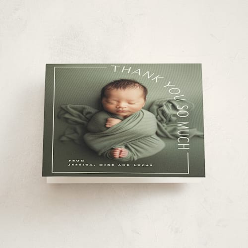 This is a snow baby thank you cards with standard by Lauren Chism called take shape printing on strathmore in standard