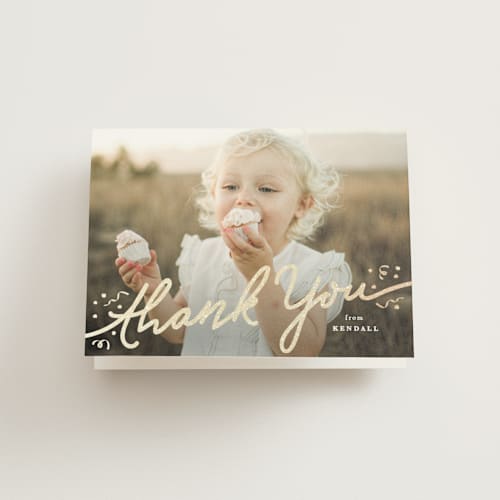 This is a doll thank you cards with foil pressed by Creo Study called glittery hooray printing on strathmore in standard