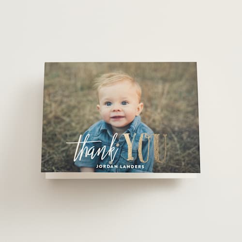 This is a gold thank you cards with foil pressed by Chasity Smith called it's party time! printing on strathmore in standard