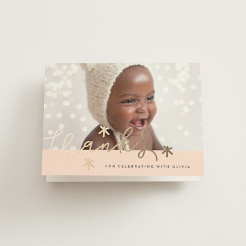 This is a blush thank you cards with foil pressed by Erica Krystek called shimmering one printing on strathmore in standard