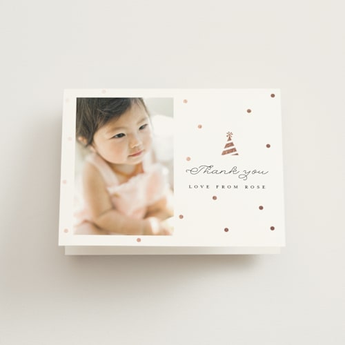 This is a pearl thank you cards with foil pressed by Hudson meet Rose called party.time. printing on strathmore in standard