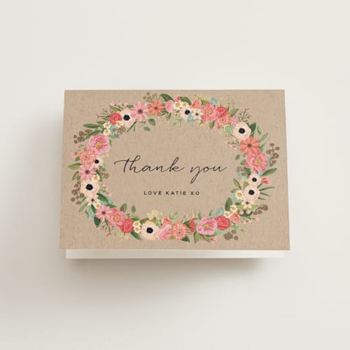 This is a kraft thank you cards with foil pressed by Susan Moyal called flower crown party printing on strathmore in standard