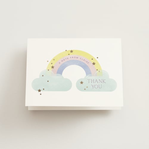 This is a marshmallow thank you cards with foil pressed by Robert and Stella called in the clouds printing on strathmore in standard