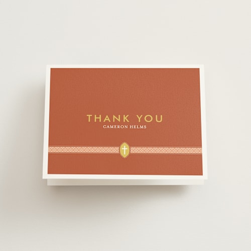 This is a terracotta kids thank you cards with standard by Dish and Spoon called ribbon & cross printing on strathmore in standard