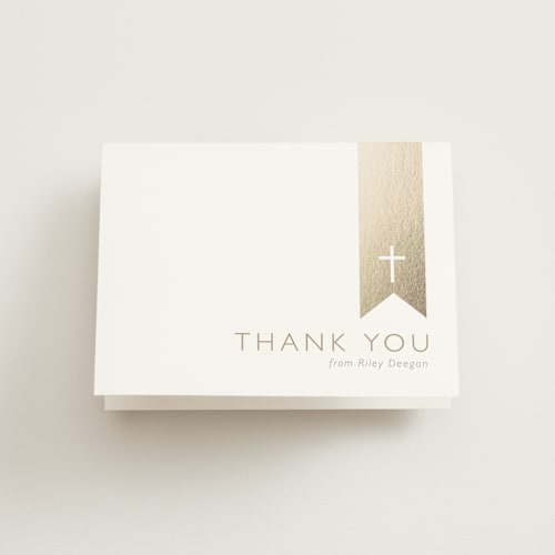 This is a brass kids thank you cards with standard by Erin Deegan called gold on white printing on strathmore in standard