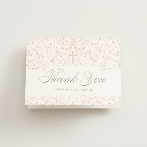 This is a soft peach kids thank you cards with standard by Sarah Brown called graceful printing on strathmore in standard