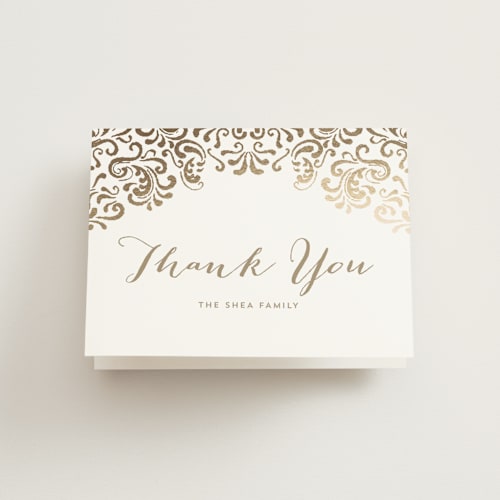 This is a gold kids thank you cards with foil pressed by Chris Griffith called black tie printing on strathmore in standard