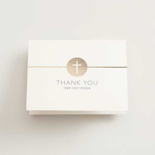 This is a champagne kids thank you cards with foil pressed by Erin Deegan called golden cross printing on strathmore in standard