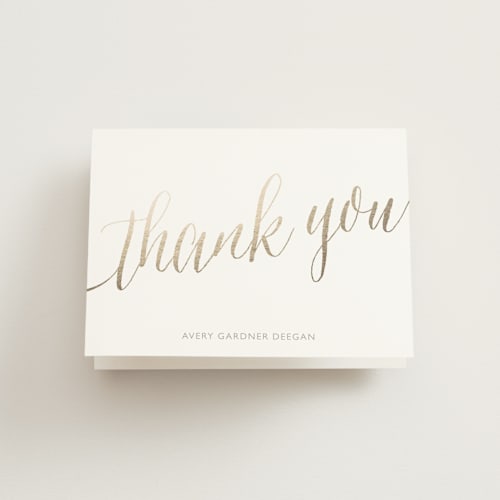 This is a golden kids thank you cards with foil pressed by Erin Deegan called blessed baby printing on strathmore in standard