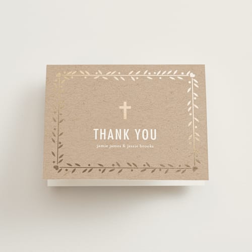 This is a gold leaf kids thank you cards with foil pressed by Chasity Smith called double the love printing on strathmore in standard