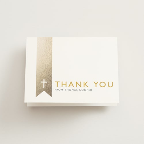 This is a golden seal kids thank you cards with standard by Erin Deegan called baptism ribbon printing on strathmore in standard