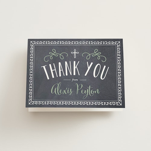 This is a shamrock kids thank you cards with standard by Erin Deegan called a chalkboard baptism printing on strathmore in standard