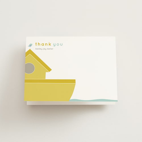 This is a mustard kids thank you cards with standard by R studio called noah printing on strathmore in standard