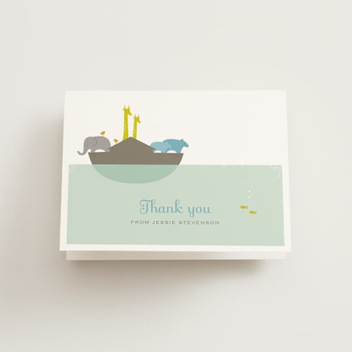 This is a ocean blue kids thank you cards with standard by Karidy Walker called noah's ark printing on strathmore in standard