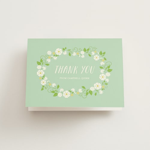 This is a seafoam kids thank you cards with standard by That Girl Press called fleurs fraiche printing on strathmore in standard
