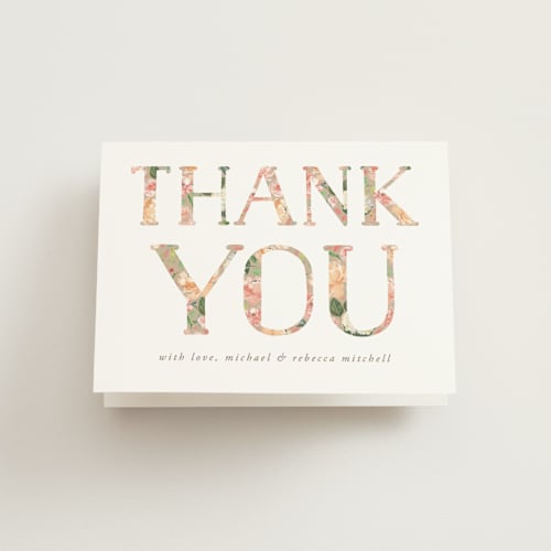 This is a cream kids thank you cards with standard by Becky Nimoy called floral filled baptism printing on strathmore in standard