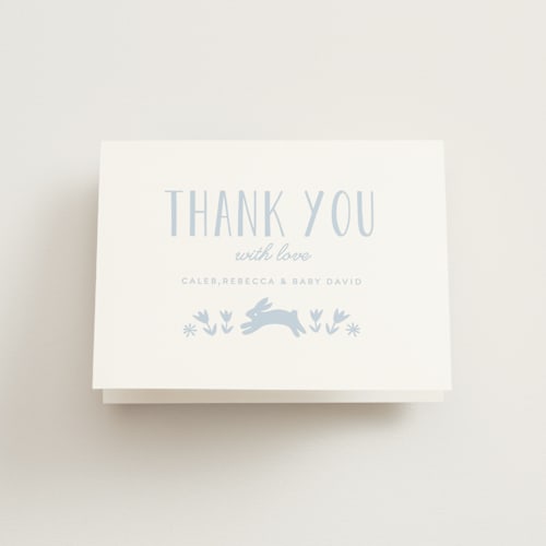 This is a periwinkle kids thank you cards with standard by Angela Thompson called woodland meadow printing on strathmore in standard