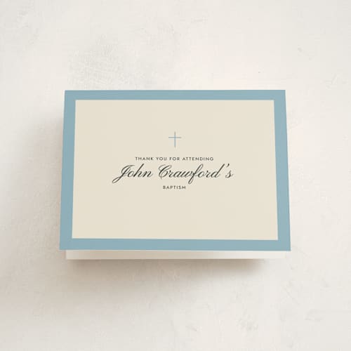 This is a french blue kids thank you cards with standard by Megan Davis called chapel printing on strathmore in standard
