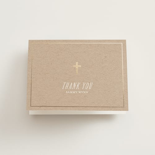 This is a gold kids thank you cards with foil pressed by Chasity Smith called communion florals printing on strathmore in standard