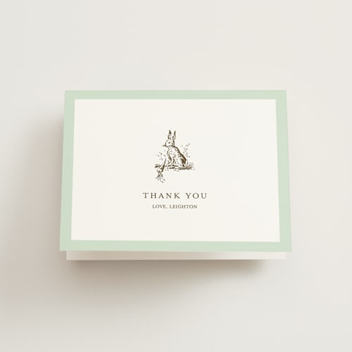 This is a mint kids thank you cards with standard by Megan Davis called classic bunny printing on strathmore in standard