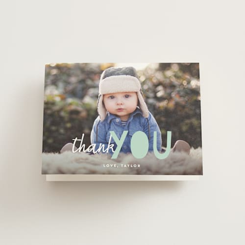 This is a cool mint kids thank you cards with standard by Annie Clark called bright future printing on strathmore in standard