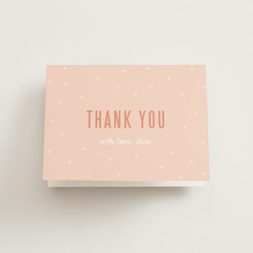 This is a coral kids thank you cards with standard by Lauren Chism called pizza party hat printing on strathmore in standard