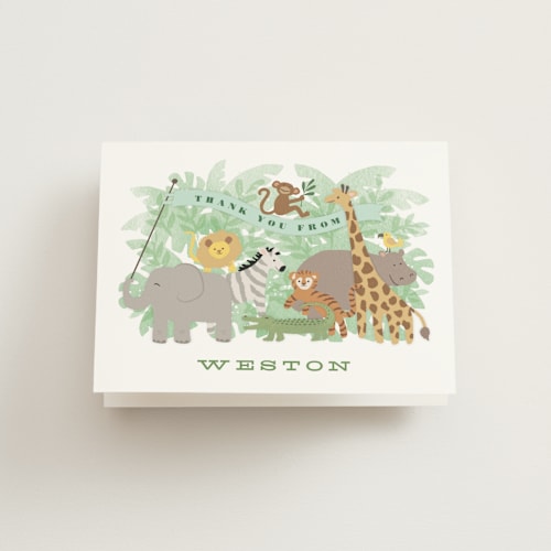 This is a jungle kids thank you cards with standard by Jennifer Wick called jungle one printing on strathmore in standard