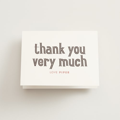 This is a dusty rose kids thank you cards with standard by Snow and Ivy called big two printing on strathmore in standard