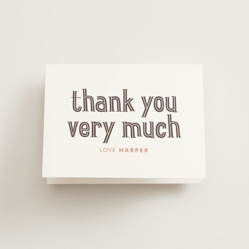 This is a dusty rose kids thank you cards with standard by Snow and Ivy called big one printing on strathmore in standard