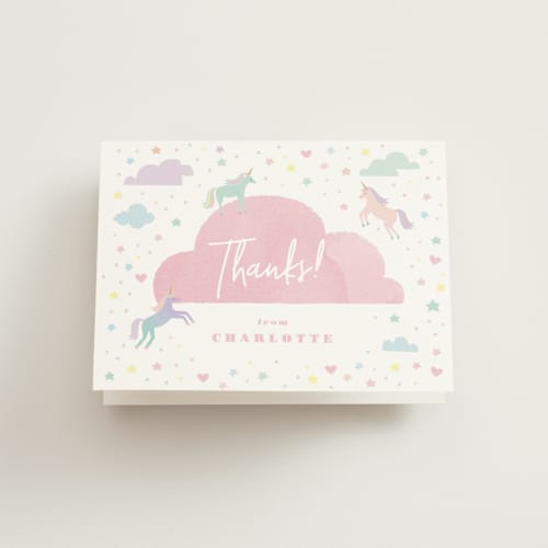 This is a bubblegum kids thank you cards with standard by Jennifer Wick called unicorn dreams printing on strathmore in standard