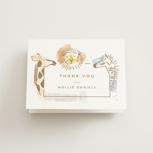 This is a creamsicle kids thank you cards with standard by Rebecca Durflinger called modern safari printing on strathmore in standard