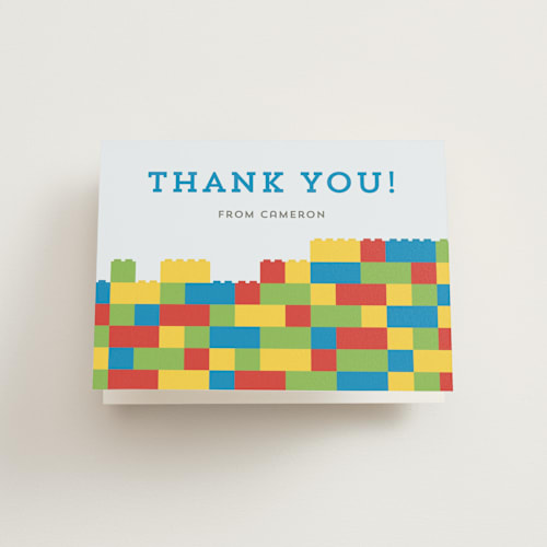 This is a cobalt kids thank you cards with standard by Belia Simm called master builders party printing on strathmore in standard