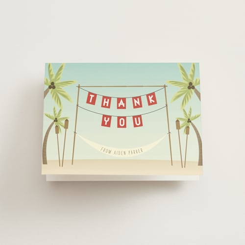 This is a red balloon kids thank you cards with standard by Grace Kreinbrink called beach luau printing on strathmore in standard