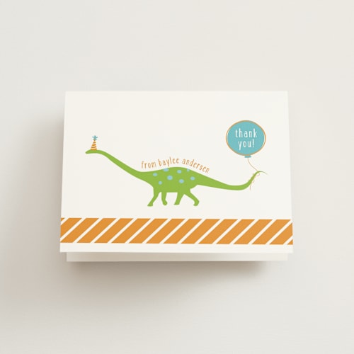 This is a lake kids thank you cards with standard by freckle fish called party like a dinosaur printing on strathmore in standard