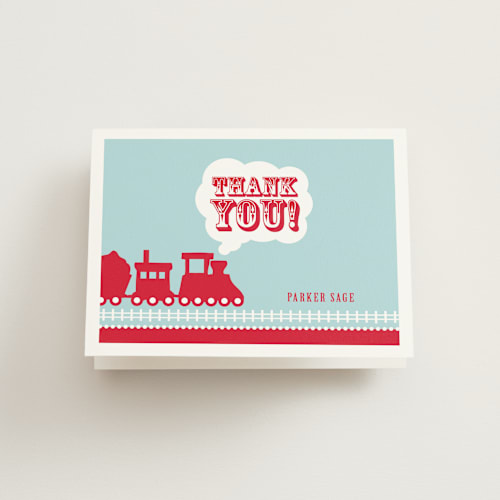This is a classic kids thank you cards with standard by mafy called choo choo train printing on strathmore in standard