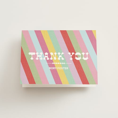 This is a rainbow kids thank you cards with standard by SimpleTe Design called circus stripes printing on strathmore in standard