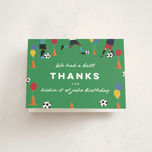 This is a grass kids thank you cards with standard by Becky Nimoy called kick it soccer ball printing on strathmore in standard