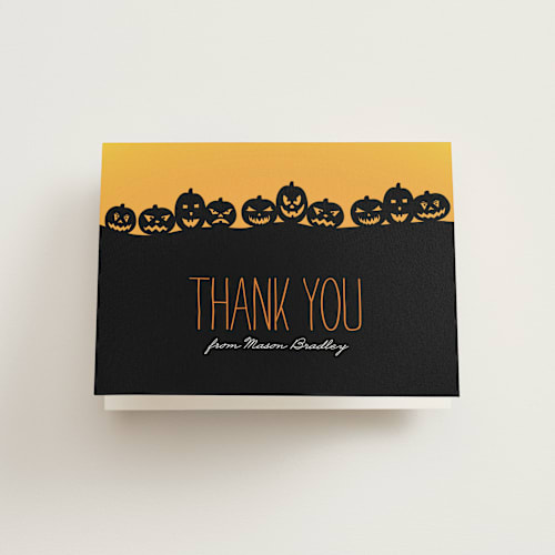This is a black kids thank you cards with standard by Sarah Brown called spooktacular printing on strathmore in standard