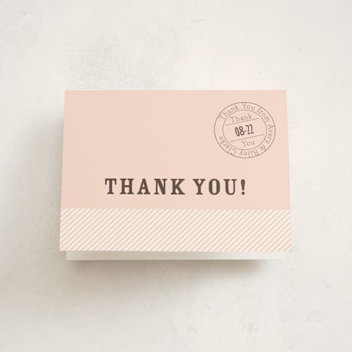 This is a soft rose kids thank you cards with standard by BeachPaperCo called vintage stripes printing on strathmore in standard