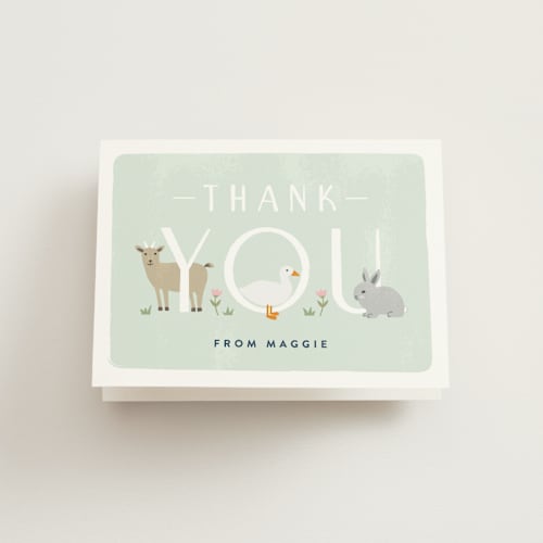 This is a grass kids thank you cards with standard by Carolyn MacLaren called petting zoo letters printing on strathmore in standard