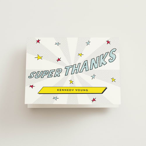 This is a ka-blaam kids thank you cards with standard by Lehan Veenker called comic superhero printing on strathmore in standard