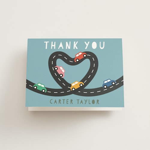 This is a sky kids thank you cards with standard by Jennifer Lew called little racer printing on strathmore in standard