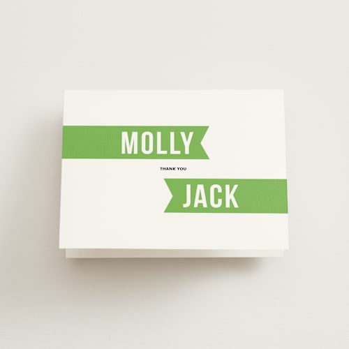 This is a kelly green kids thank you cards with standard by Sara Hicks Malone called twin voice printing on strathmore in standard