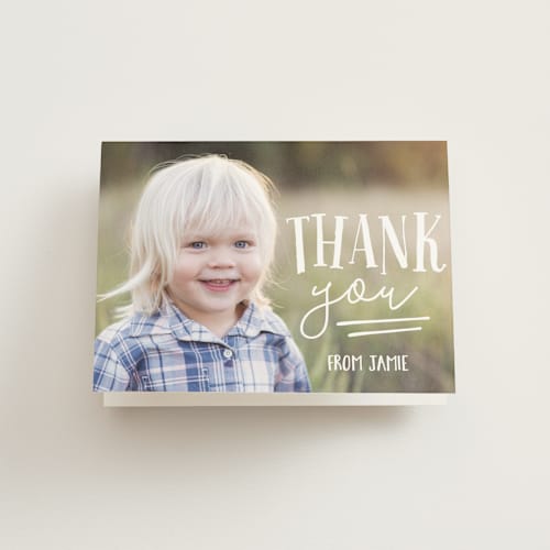 This is a candy apple kids thank you cards with standard by Jessie Steury called oink & moo printing on strathmore in standard