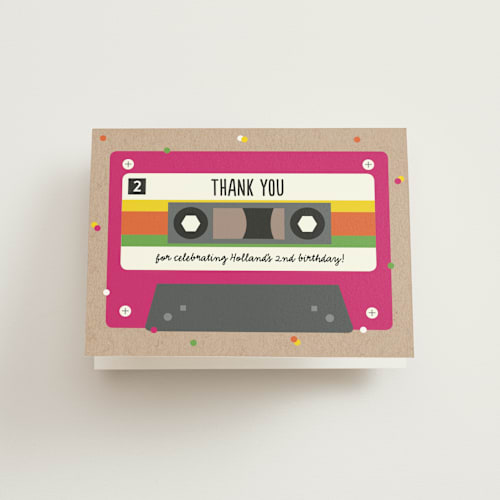 This is a fuchsia kids thank you cards with standard by Erica Krystek called retro cassette  printing on strathmore in standard