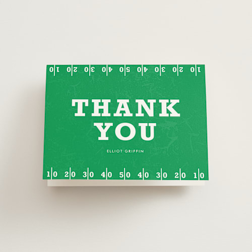 This is a sporting green kids thank you cards with standard by lena barakat called go team printing on strathmore in standard