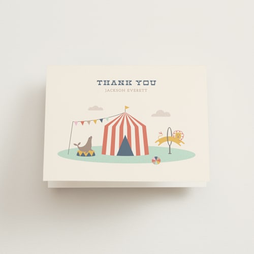 This is a navy kids thank you cards with standard by Amber Barkley called off to join the circus printing on strathmore in standard