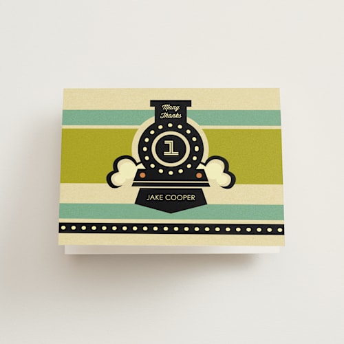 This is a teal kids thank you cards with standard by Rochelle Renee called vintage rail printing on strathmore in standard