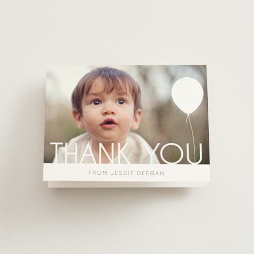 This is a white kids thank you cards with standard by Erin Deegan called balloon party printing on strathmore in standard